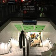 An entrance to the WTC Cortlandt station. Image by Mtattrain | Wikimedia Commons.