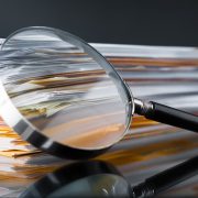 magnifying glass propped up against books and notes