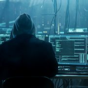 Dangerous Hooded Hacker Breaks into Government Data Servers and Infects Their System with a Virus. His Hideout Place has Dark Atmosphere, Multiple Displays, Cables Everywhere.