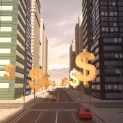 US Dollar Sign In The City - Business Related Aerial 3D City Flight To Sky